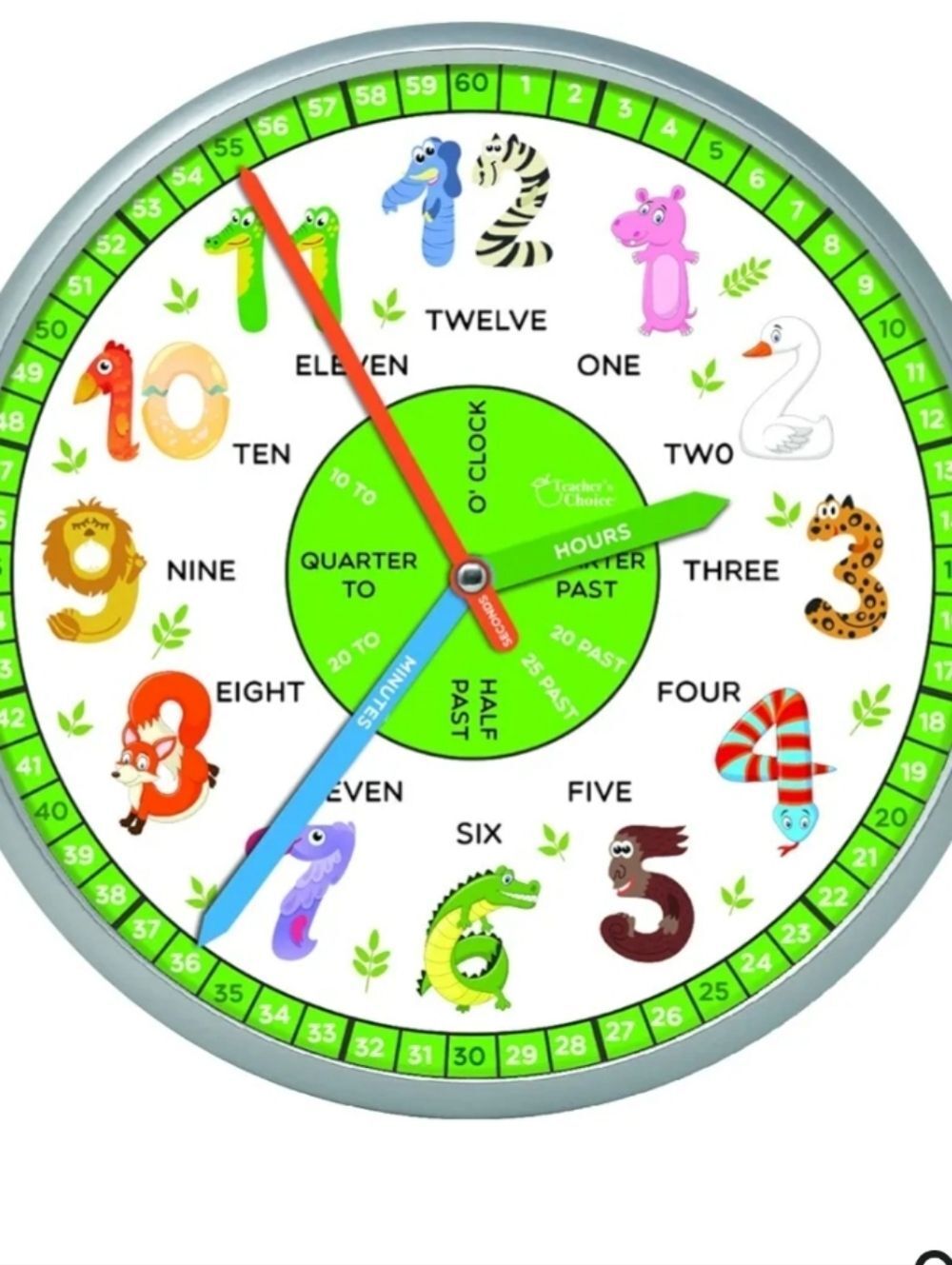 Kids Learning Wall Clock - Colorful Animal Numbers (Green, Blue, Orange)